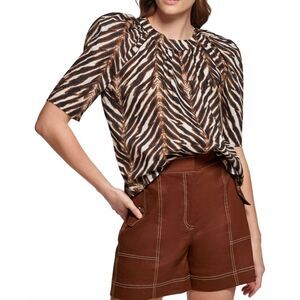 CALVIN KLEIN Top Womens Size XL Tan Animal Print Zebra Statement Sleeves Shirt